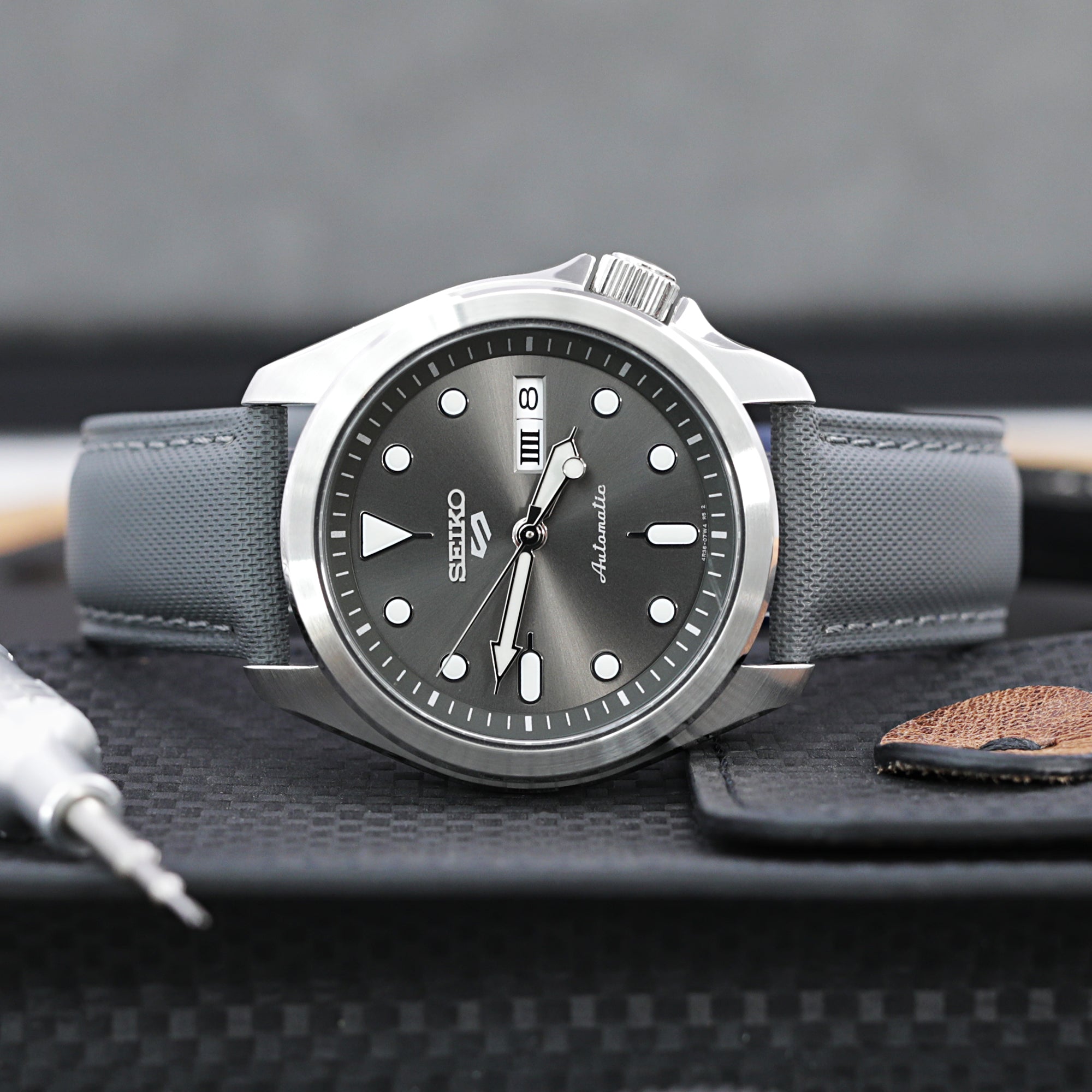 20mm Military Grey Woven Texture Watch Strap, Polished