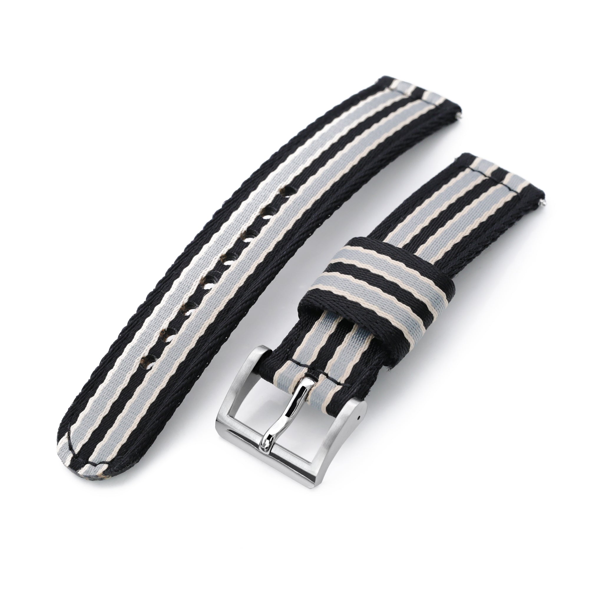 2-pcs Seatbelt Nylon Watch Band, Black, Grey and Khaki Stripes, Polished Buckle Strapcode Watch Bands