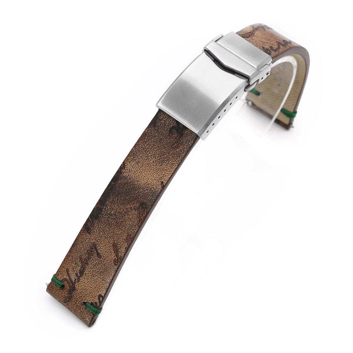 Q.R. 20mm Italian Handmade Vintage Brown Laser Engraved Leather Watch Band, One-piece V-clasp, Green St. Strapcode Watch Bands