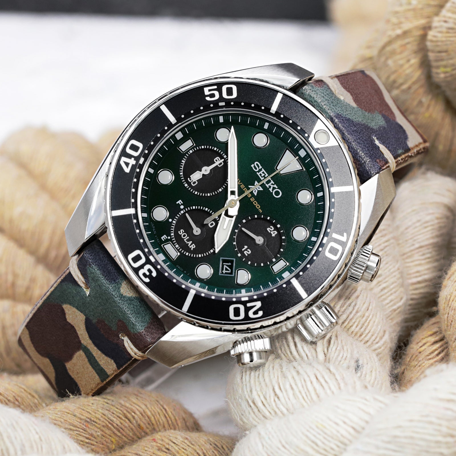 20mm MiLTAT Italienisches handgefertigtes Uhrenarmband mit Camouflage-Muster, 18mm Endstück, khakifarbene Nähte