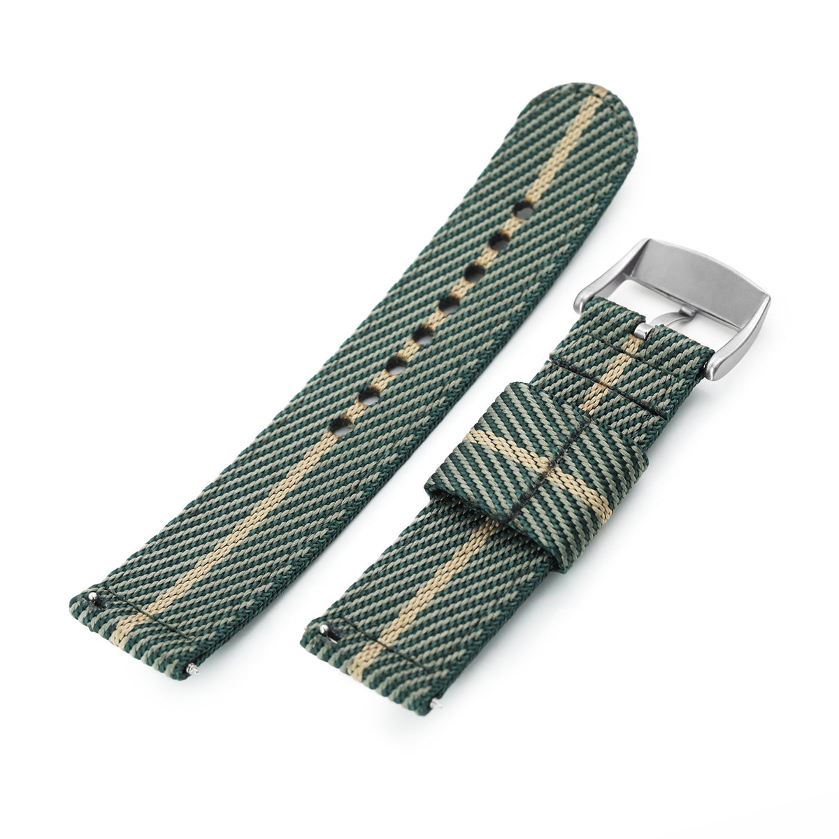 22mm 2-pcs Nylon Watch Band, Quick Release, Green &amp; Khaki, Brushed Buckle Strapcode Watch Bands