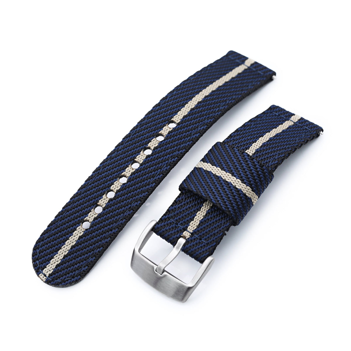 22mm 2-pcs Nylon Watch Band, Quick Release, Blue &amp; Khaki, Brushed Buckle Strapcode Watch Bands