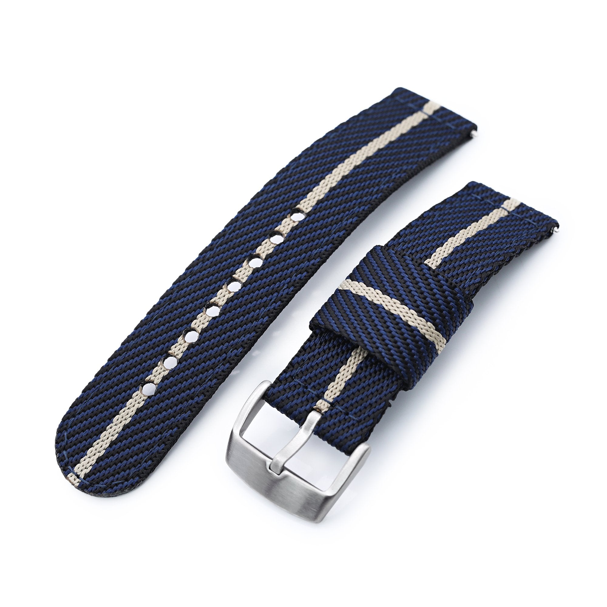 22mm 2-pcs Nylon Watch Band, Quick Release, Blue & Khaki, Brushed Buckle Strapcode Watch Bands