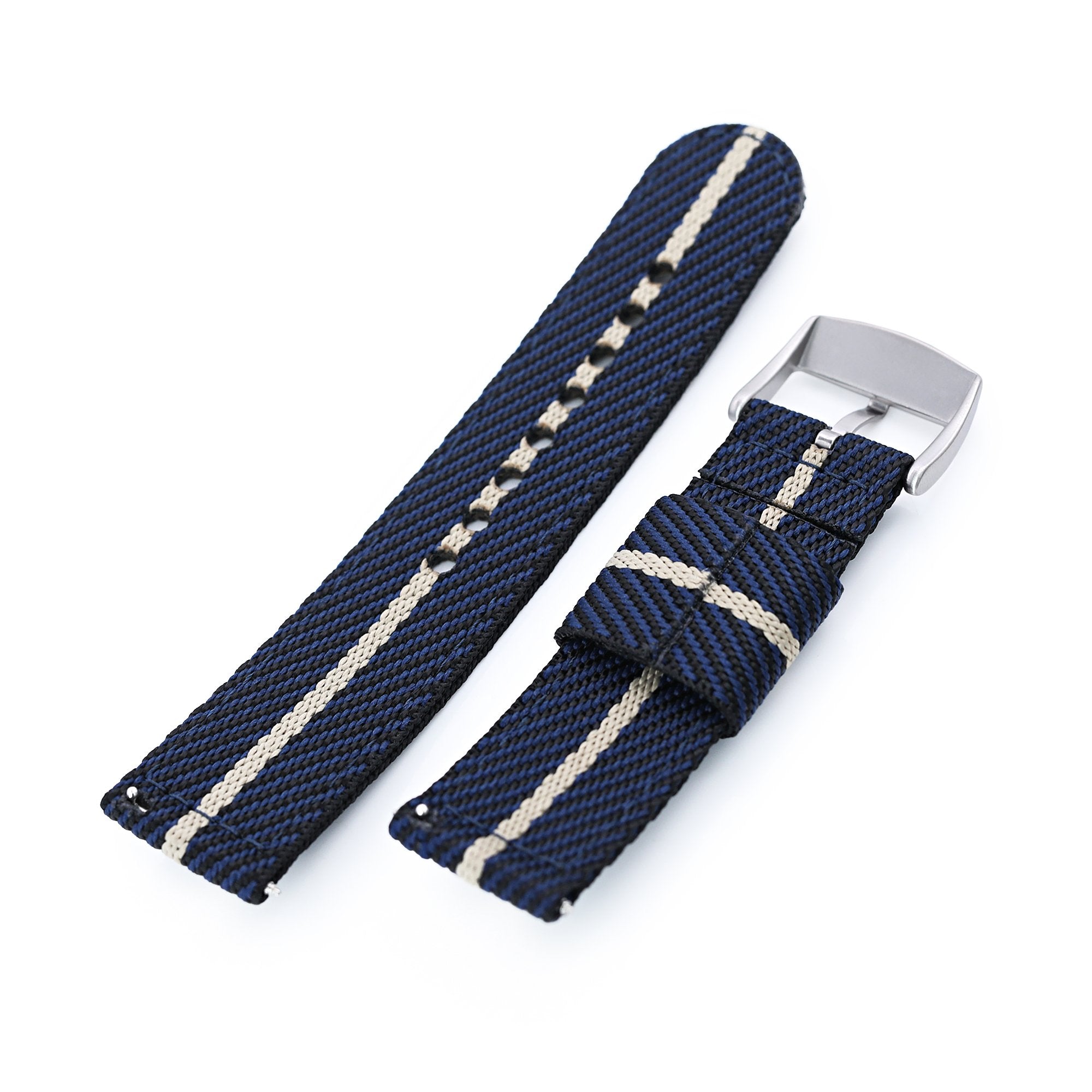 22mm 2-pcs Nylon Watch Band, Quick Release, Blue & Khaki, Brushed Buckle Strapcode Watch Bands