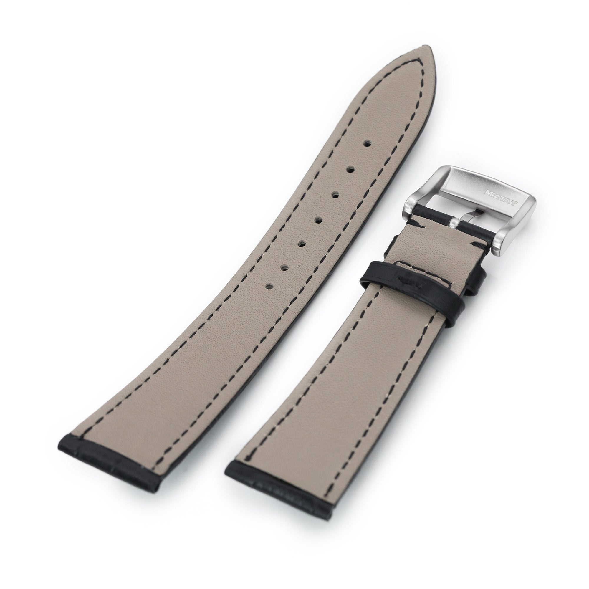 22mm Black CrocoCalf (Croco Grain) Tapered  Leather Watch Band, Brushed Buckle Strapcode Watch Bands