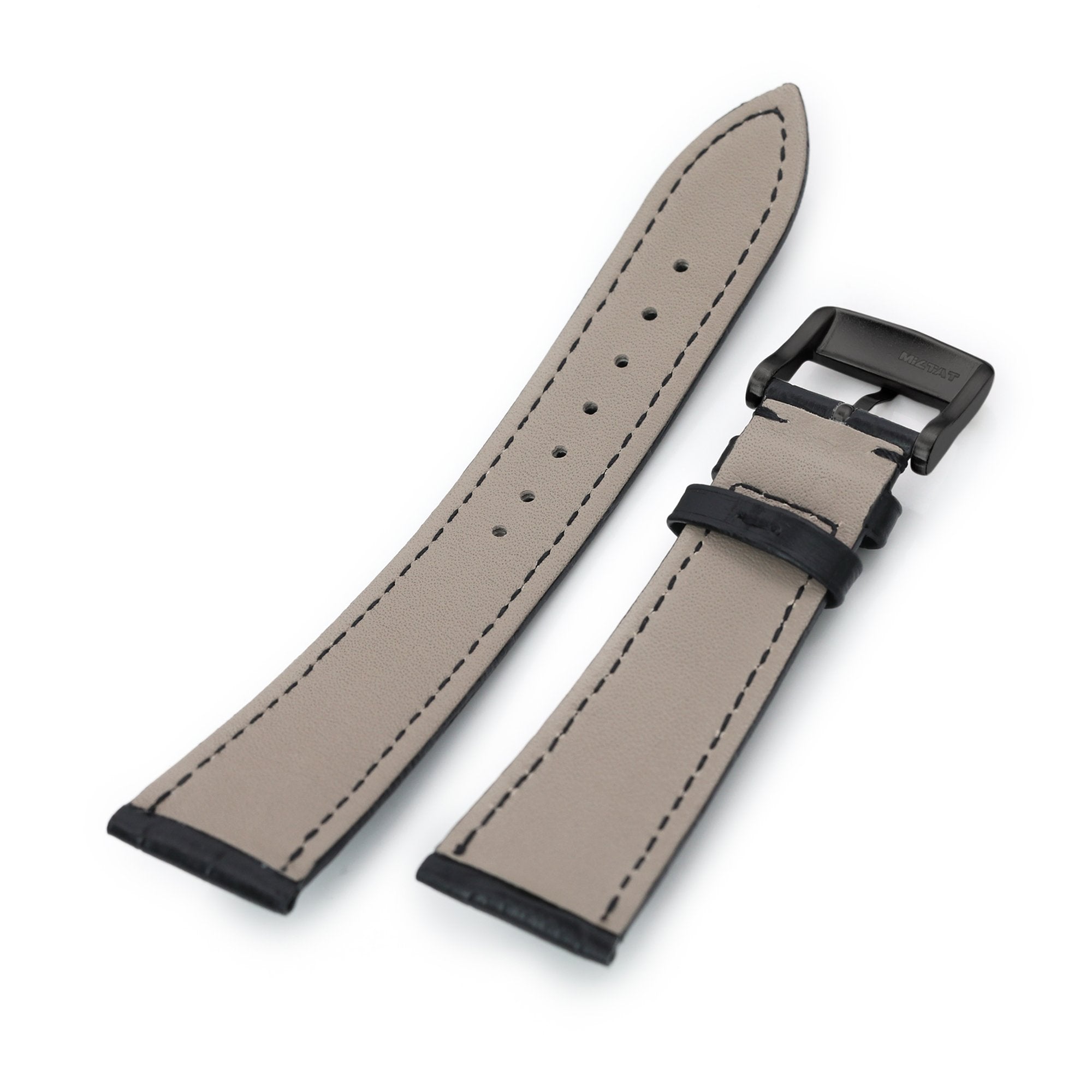 22mm Black CrocoCalf (Croco Grain) Tapered  Leather Watch Band, PVD Black Buckle Strapcode Watch Bands