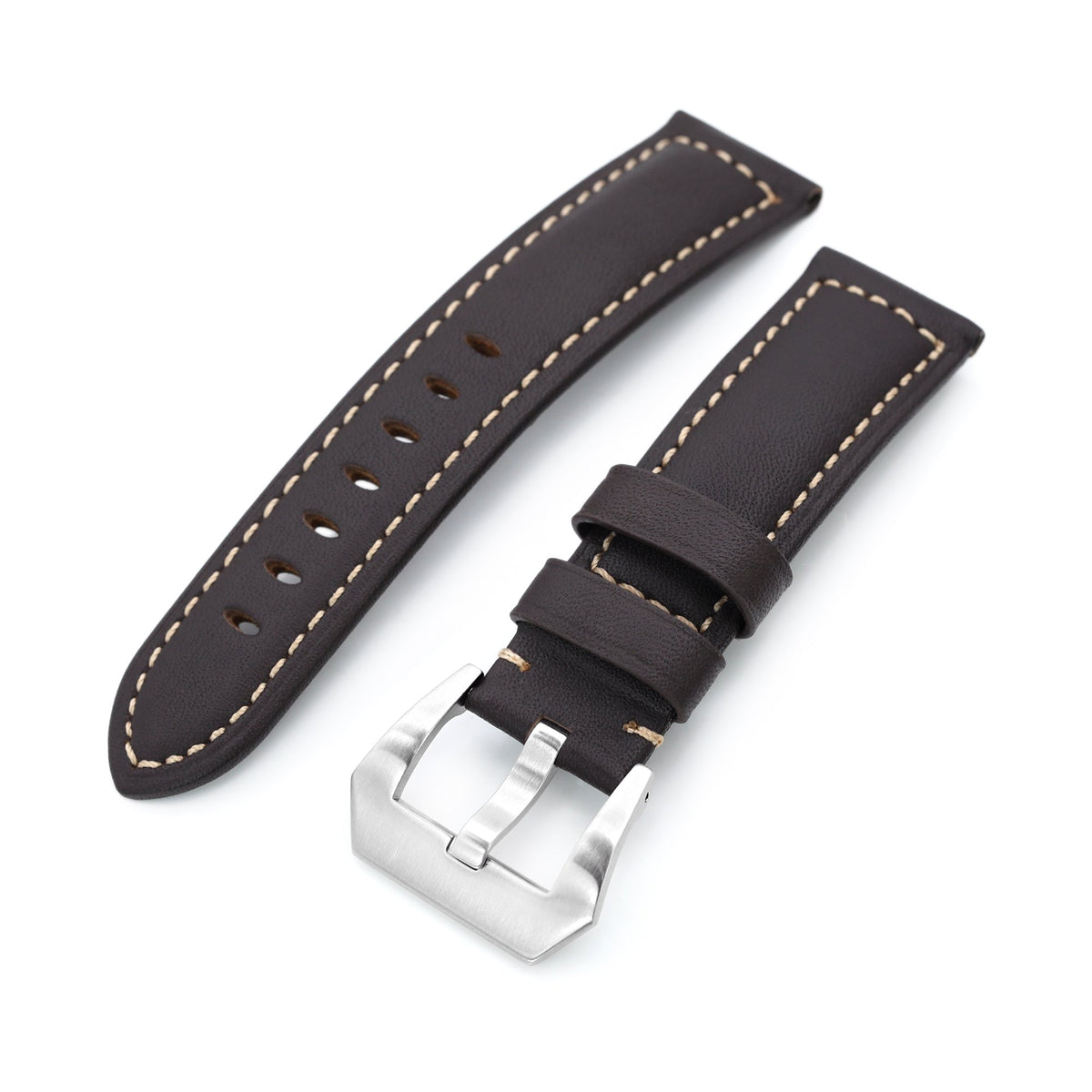 22mm Dark Brown Tapered Semi-matte Leather Watch Band, Brushed Buckle Strapcode Watch Bands