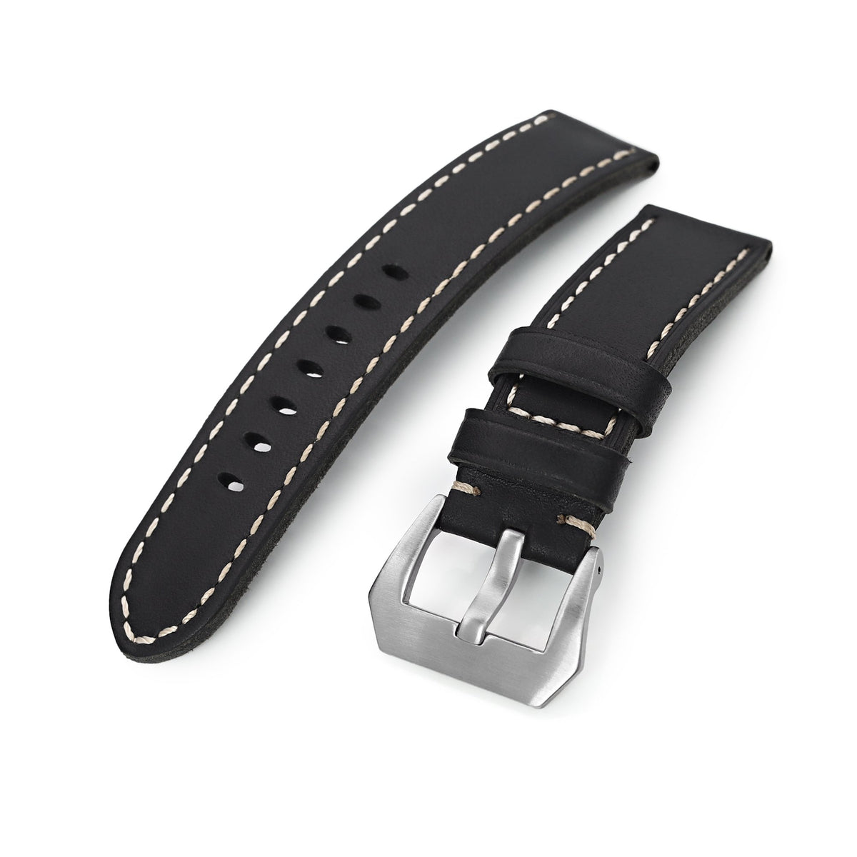 22mm Black Straight Leather Watch Band, Brushed Buckle Strapcode Watch Bands