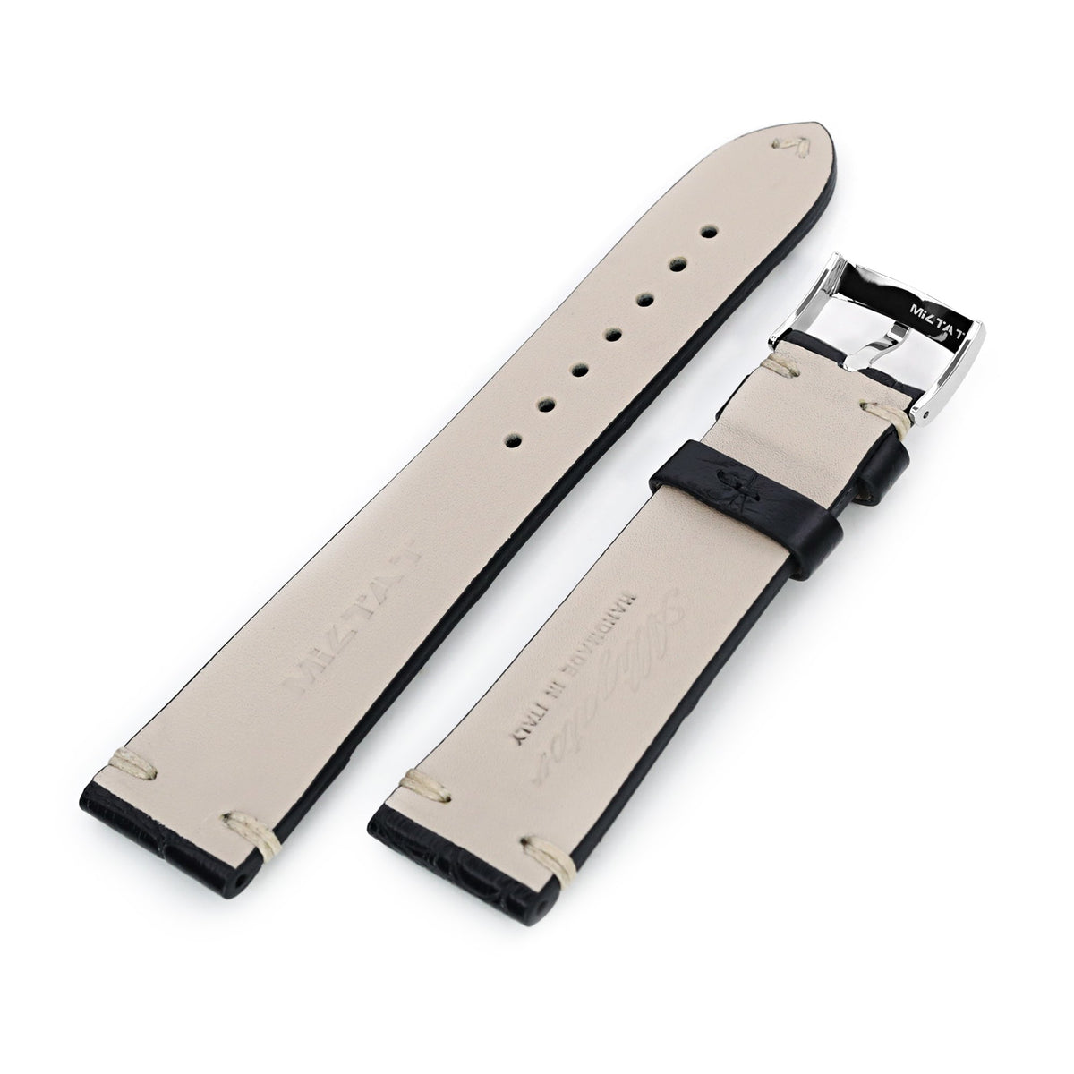 Black Italian Handmade Hornback Alligator Watch Band, Beige Stitching, P Buckle, 20mm or 22mm Strapcode Watch Bands