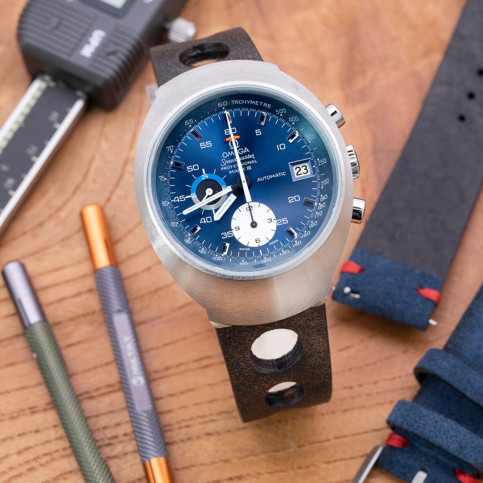 OMEGA Speedmaster Mark 3 Chronograph on Rally Racing watch band by Strapcode