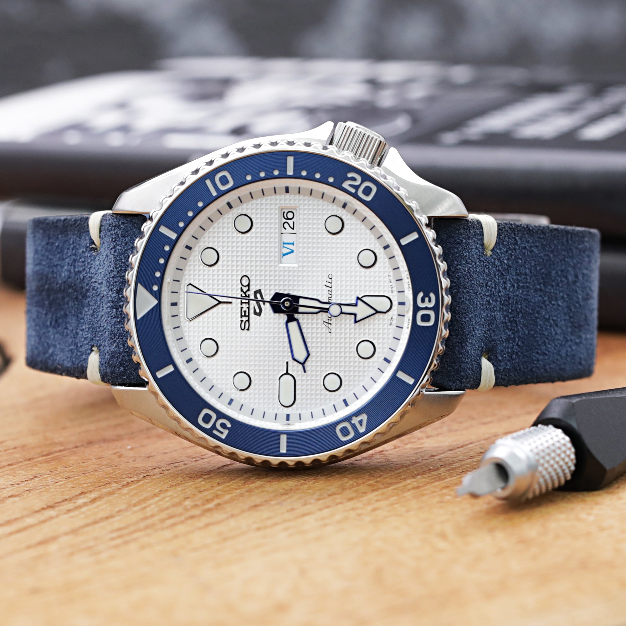 Navy Blue 19mm, 20mm, 21mm, 22mm MiLTAT Quick Release Nubuck Leather Watch Strap, Beige Stitching, Sandblasted Strapcode Watch Bands