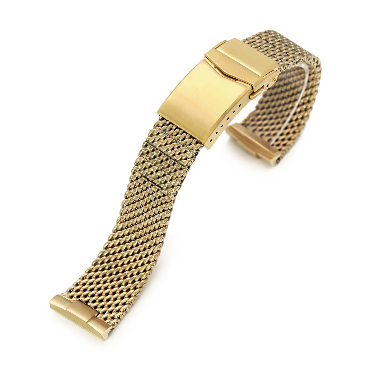 Bracelet montre Massy Mesh à extrémité courbée compatible Seiko Gold Turtle SRPC44 SRPD46, V-Clasp, finition or IP intégrale