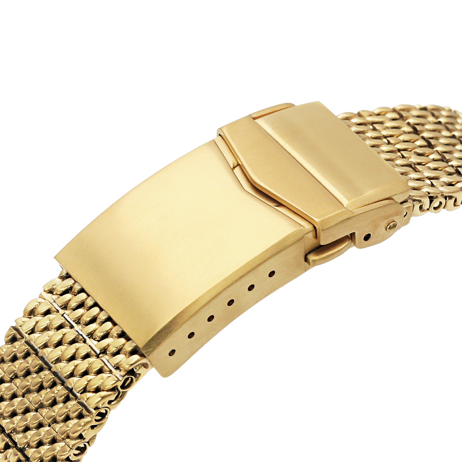 Bracelet montre Massy Mesh à extrémité courbée compatible Seiko Gold Turtle SRPC44 SRPD46, V-Clasp, finition or IP intégrale