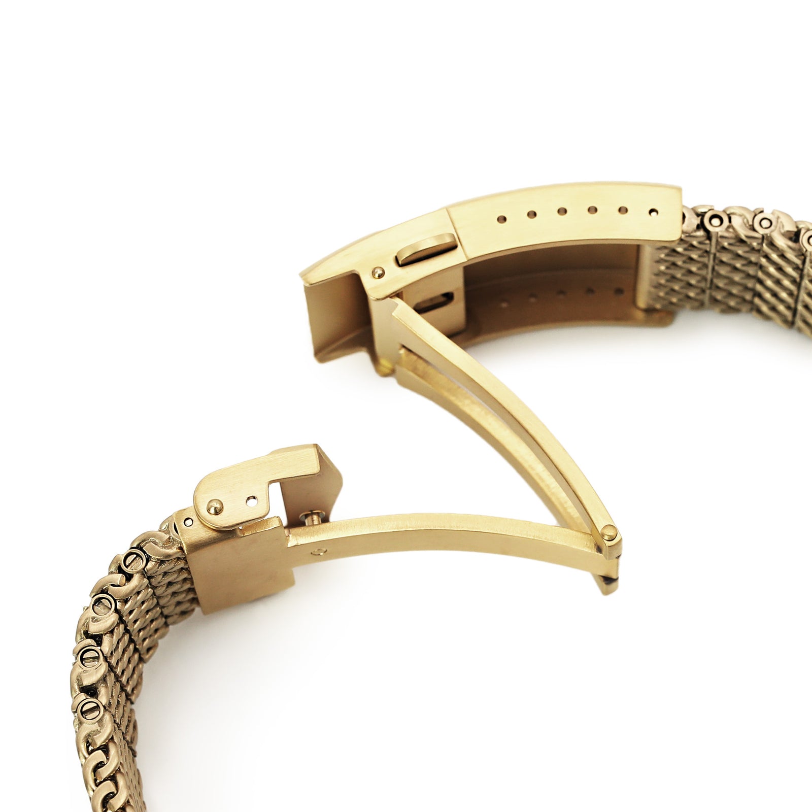 Bracelet montre Massy Mesh à extrémité courbée compatible Seiko Gold Turtle SRPC44 SRPD46, V-Clasp, finition or IP intégrale