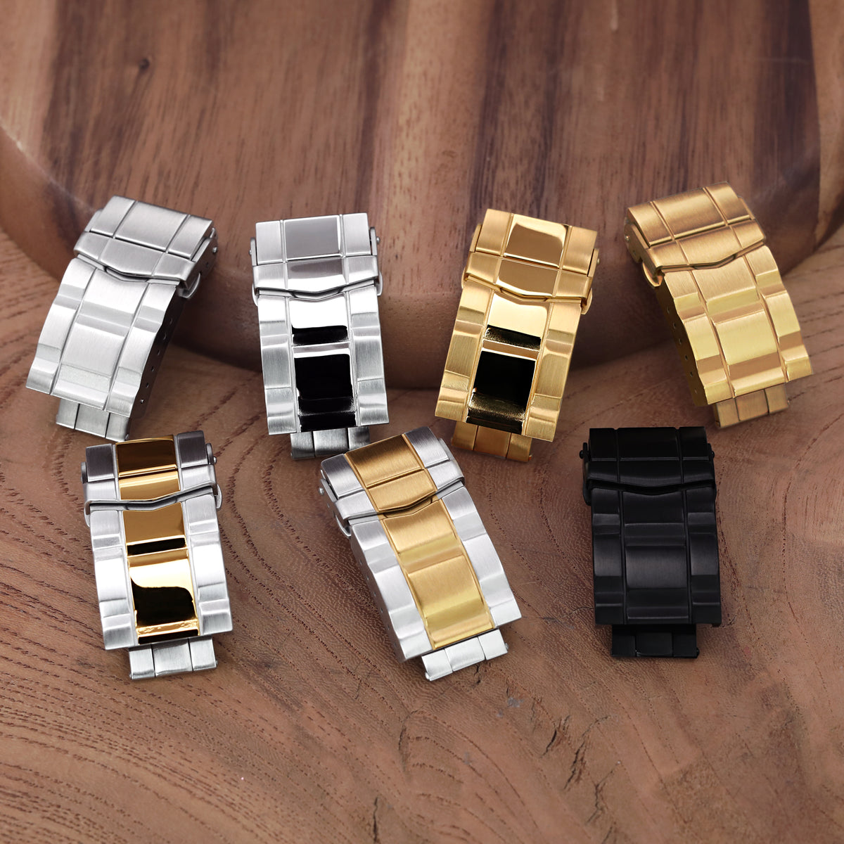 18mm or 20mm Solid 316L Stainless Steel Double Locks SUB Diver Clasp, Button Control, Brushed &amp; Polished IP Gold