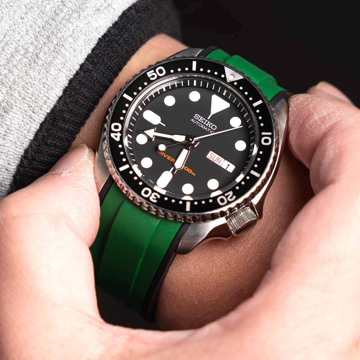 StrapXPro - Bracelet en caoutchouc SX1A pour Seiko SKX007, Vert / Noir